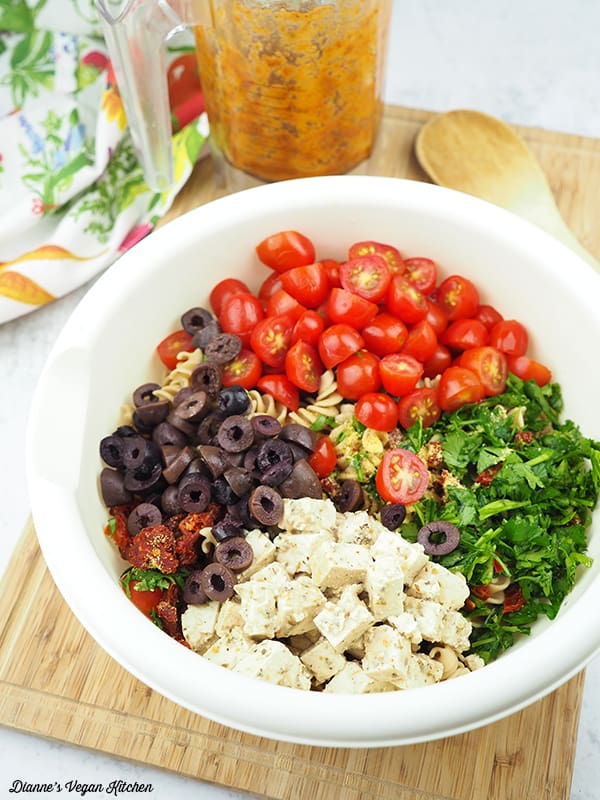 pasta salad ingredients in bowl
