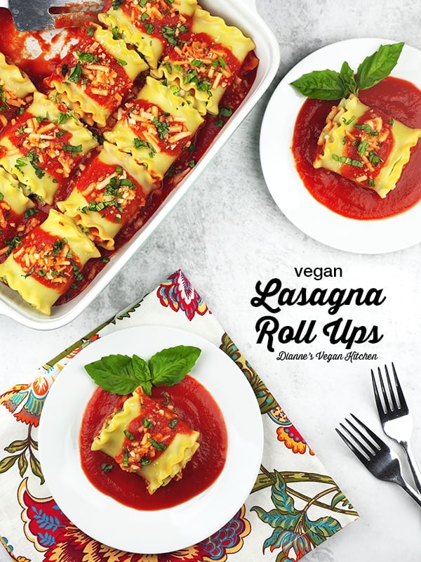 vegan lasagna roll ups on plates with lasagna dish and text overlay