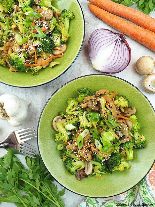 two bowls of spicy soy curl stir-fry