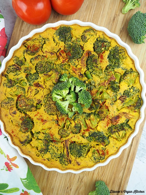 Vegan Broccoli Frittata with Sun-Dried Tomatoes fresh from oven in tart pan