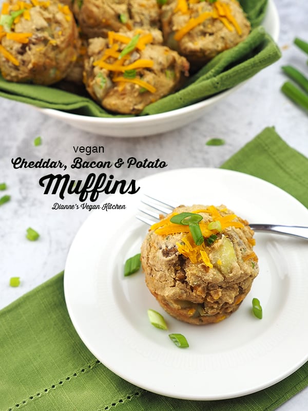 Vegan Cheddar, Bacon, and Potato Muffins with text overlay