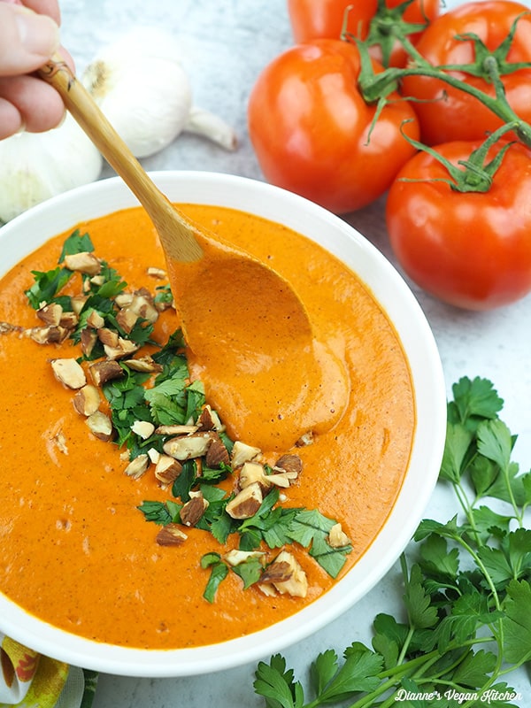 Easy Romesco Sauce in bowl with spoon