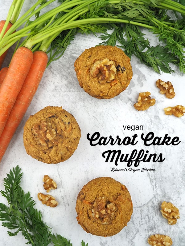 Carrot cake muffins with carrots and walnuts, text overlay