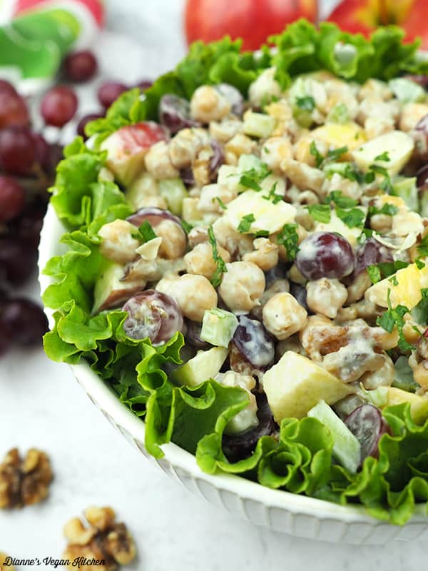 close up of Vegan Chickpea Waldorf Salad in large bowl
