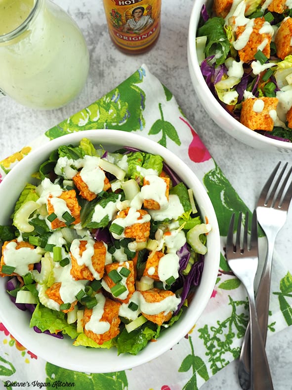 Buffalo Tempeh Salad from above with vegan ranch dressing