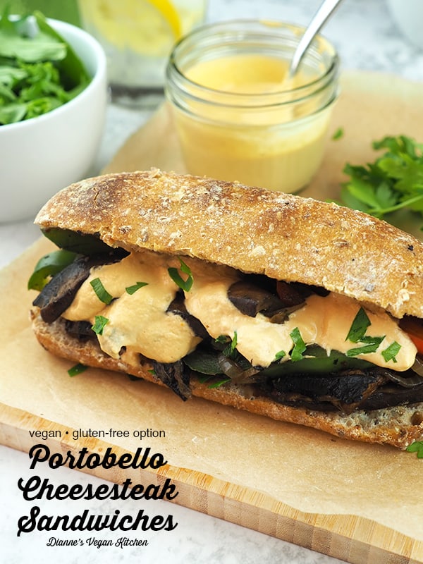 Vegan Portobello Cheesesteak Sandwich with text overlay