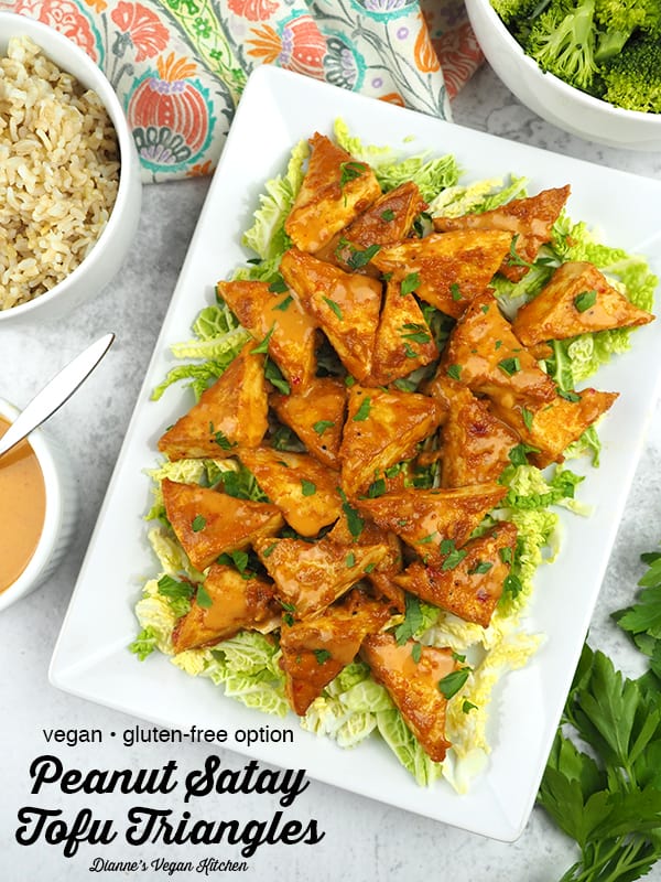 Peanut Satay Tofu Triangles from 5-Ingredient Vegan by Nava Atlas with text overlay