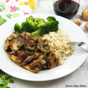 Tempeh Marsala on plate with rice and broccoli