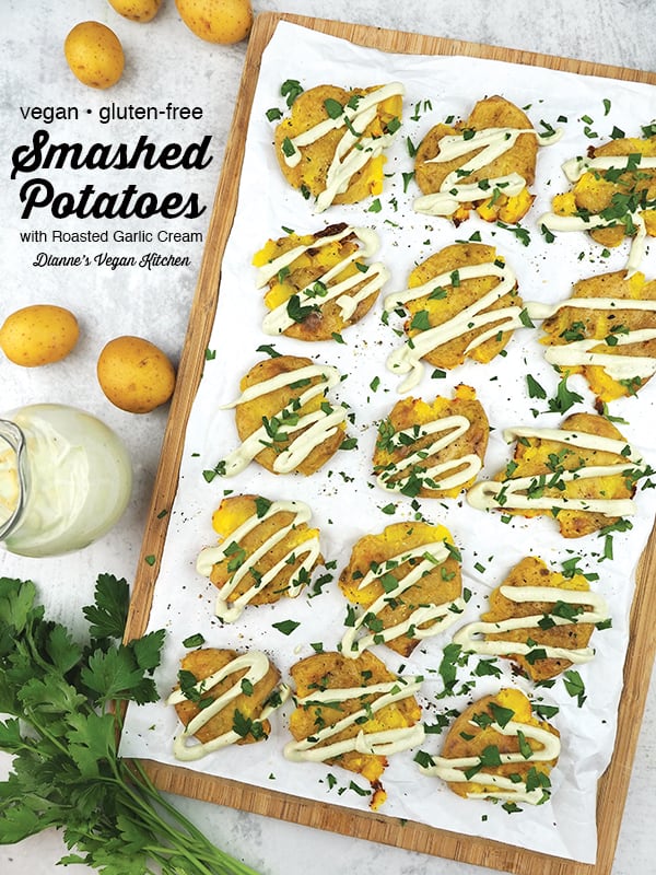 Smashed Potatoes with Roasted Garlic Cream and text overlay