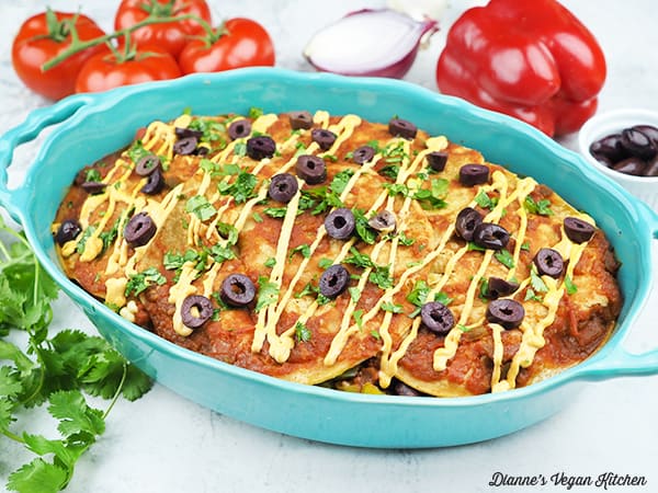 Vegan Mexican Lasagna in pan horizontal