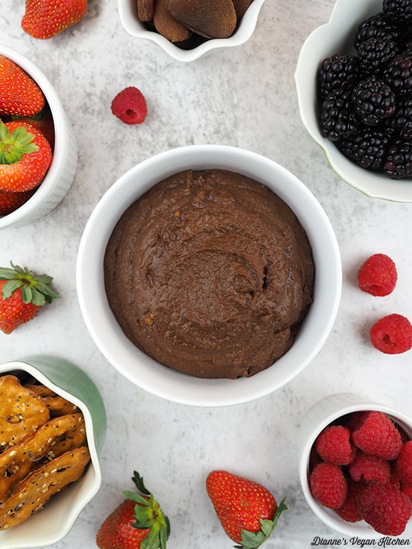 chocolate hummus with fruit and pretzels