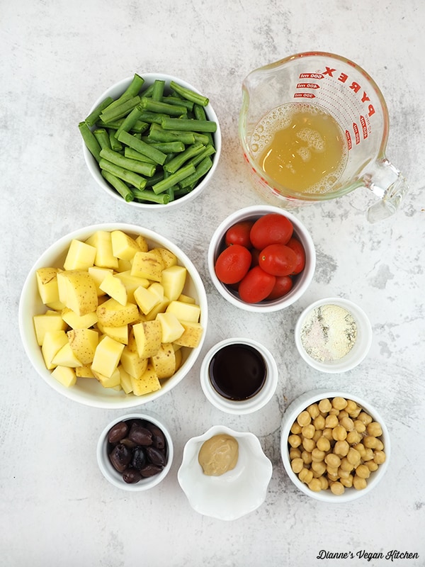 green beans, aquafaba, tomatoes, potatoes, chickpeas