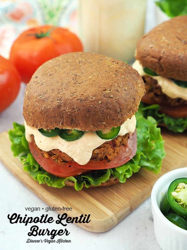 two Chipotle Lentil Burgers with text overlay