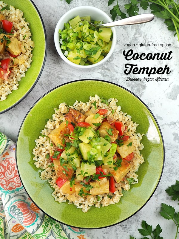 two bowls of coconut tempeh with text overlay