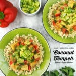 two bowls of coconut tempeh overhead with text overlay