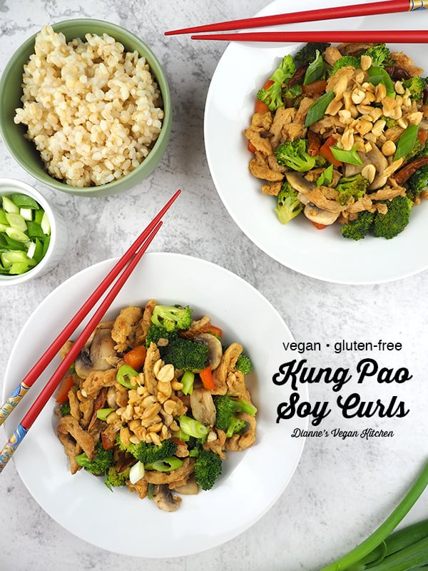 Two Bowls of Vegan Kung Pao Soy Curls with text overlay