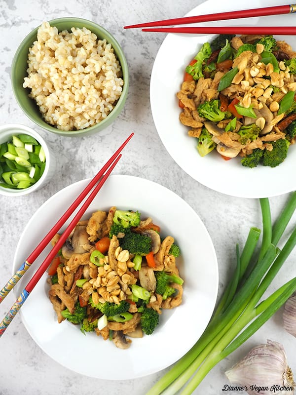 two bowls of Vegan Kung Pao Soy Curls overhead