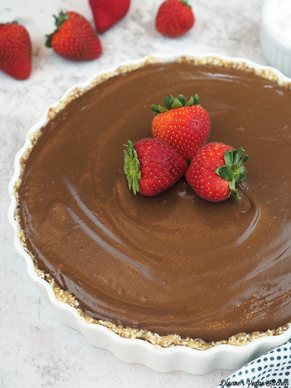 Vegan Chocolate Cream Pie with strawberries close up