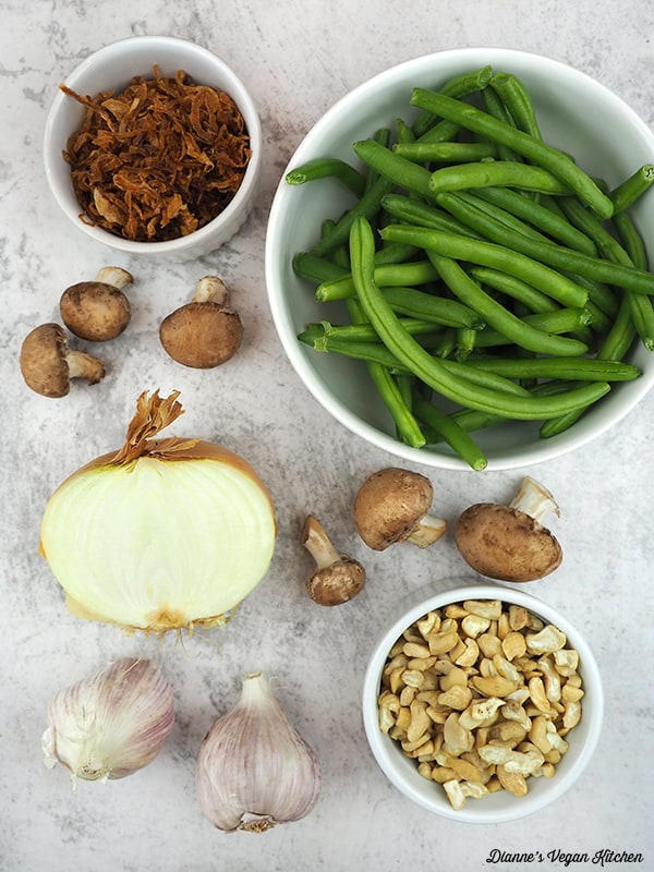 crispy onions, green beans, mushrooms, cashews, and garlic