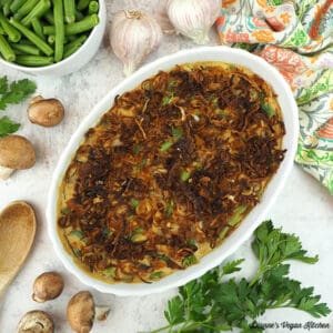 Vegan Green Bean Casserole with garlic, parsley, mushrooms square