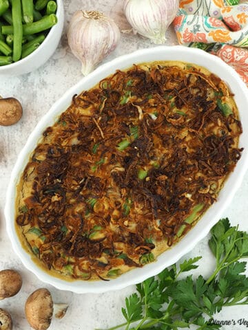 Vegan Green Bean Casserole with garlic, parsley, mushrooms square