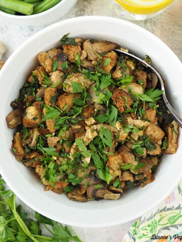 bowl of Vegan Spinach Mushroom Stuffing square