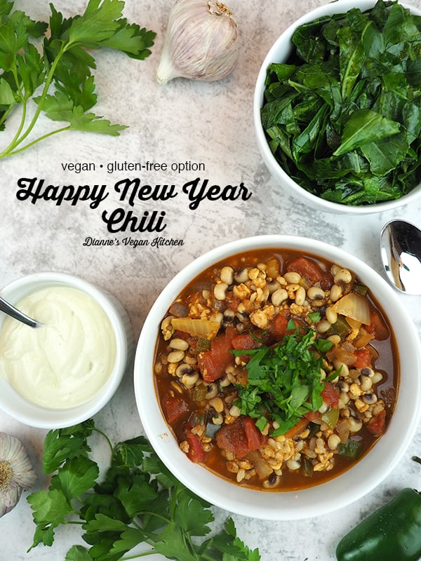Black Eyed Pea Chili collards and sour cream with text overlay 