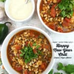 two bowls of chili overhead with text overlay
