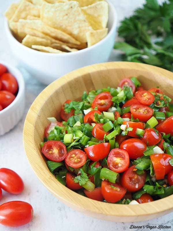 salsa with chips and tomatoes