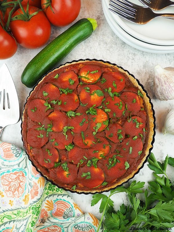 Vegan Lasagna Tart with zucchini and tomatoes overhead
