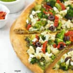 Vegan Green and White Pizza with text overlay