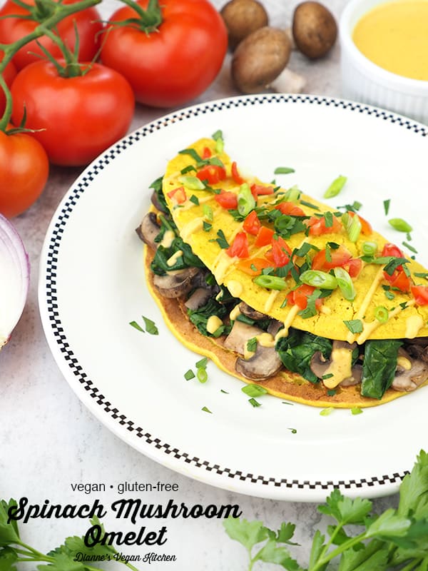 Vegan Spinach Mushroom Omelet with mushrooms, potatoes, cheese sauce, and text overlay