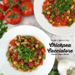two bowls of chickpea cacciatore with text overlay