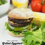 Grilled Eggplant Sandwich on plate with text overlay