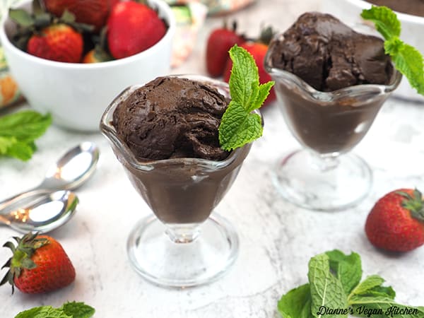 Melted Truffle Dark Chocolate Ice Cream with mint and strawberries horizontal