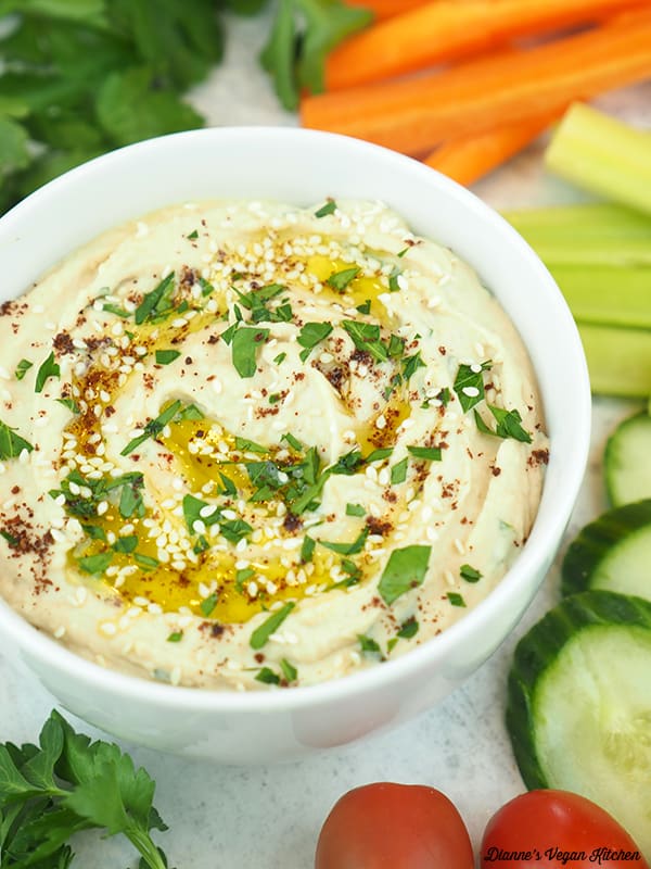 close up of bowl of Garlicky White Bean Dip