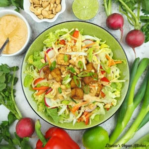 pad thai salad with radishes, limes, scallions, pepper, peanut dressing, and peanuts