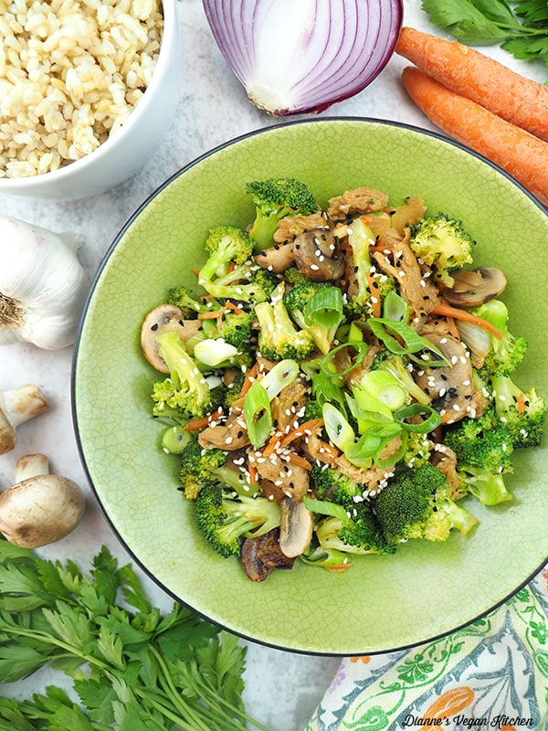 two bowls of Soy Curl Stir-Fry with onion, garlic, carrots and mushrooms