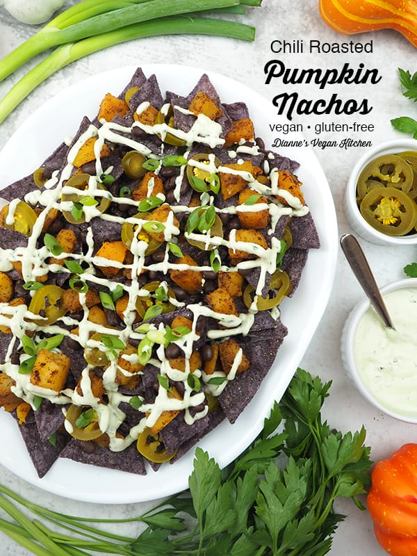 Chili Roasted Pumpkin Nachos with text overlay
