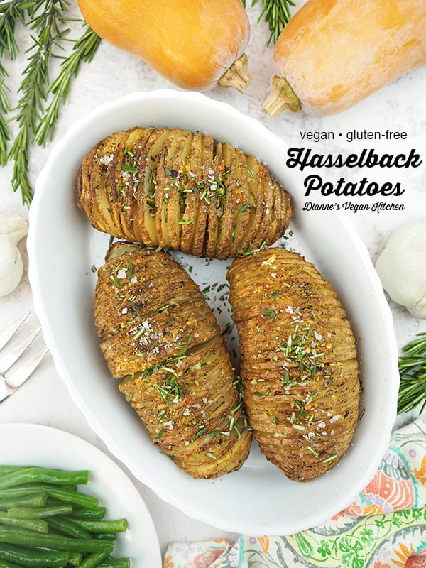 Vegan Hasselback Potatoes with text overlay.