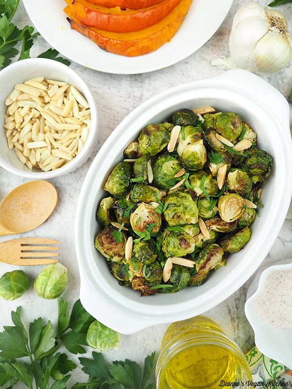 sprouts with roasted squash, almonds, and seasonings