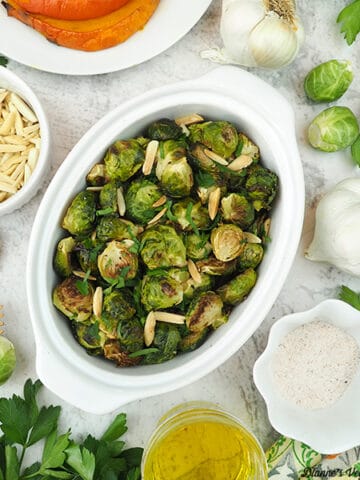 Roasted Brussels Sprouts with almonds, garlic, roasted squash, and seasonings