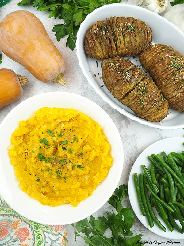 Mashed butternut squash, potatoes, and green beans