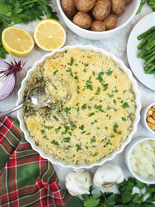 Vegan Creamed Pearl Onions with potatoes, green beans, and garlic