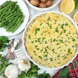 Vegan Creamed Pearl Onions with potatoes, green beans, and garlic square