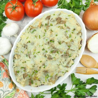 Roasted Mushroom Shepherd’s Pie with tomatoes, onion, garlic, and parsley