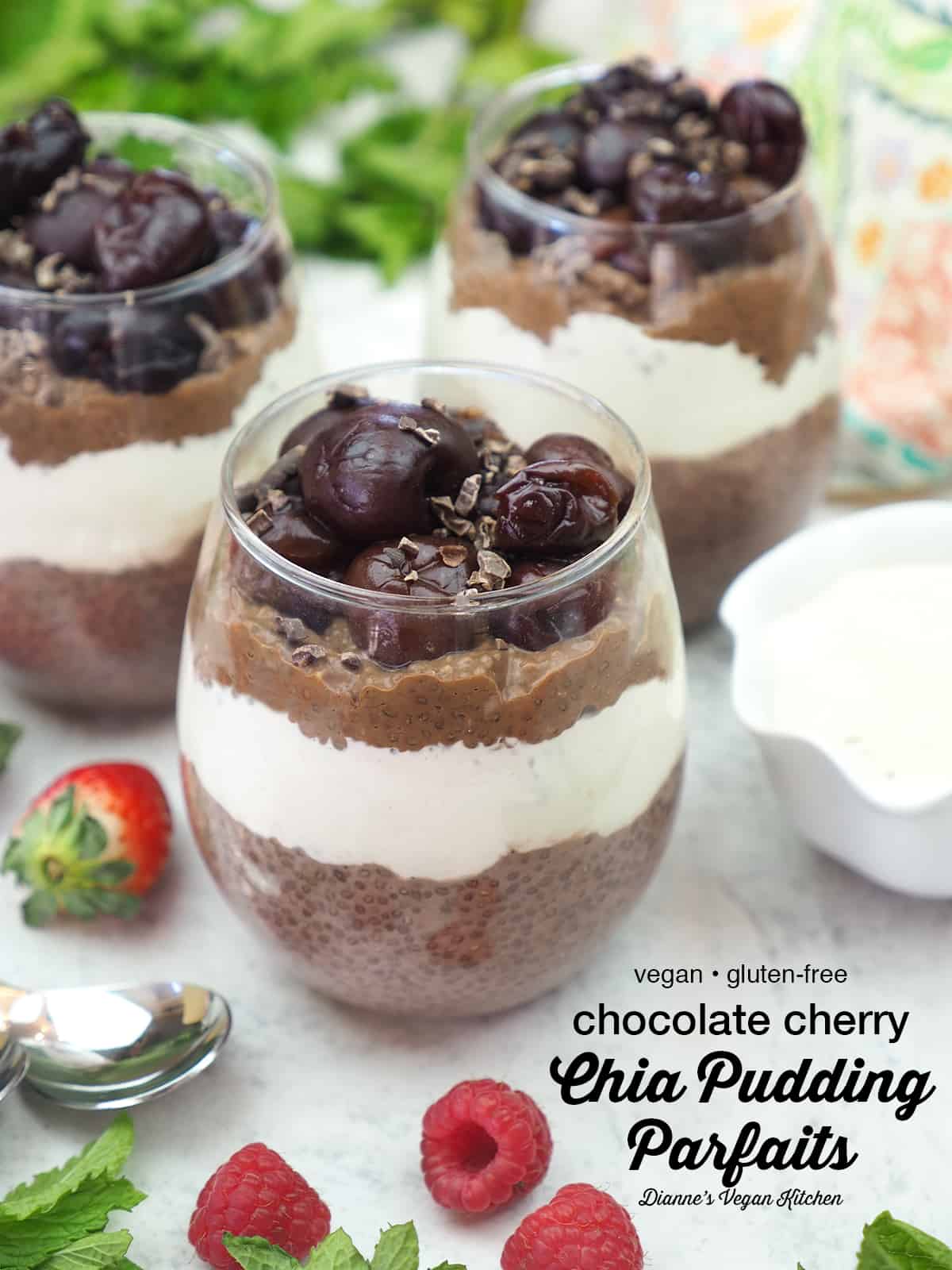 Vegan Chocolate Cherry Chia Pudding Parfaits with text overlay 