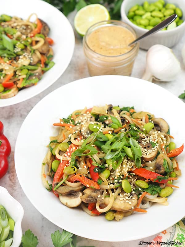 Stir Fry Noodles with peanut sauce, bell pepper, garlic, lime, and garlic