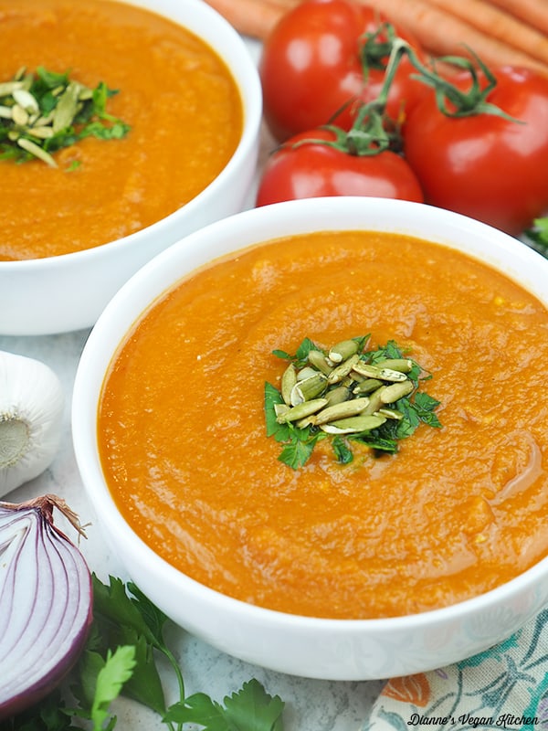 Red Lentil and Carrot Soup with tomatoes, carrots, garlic, and onion
