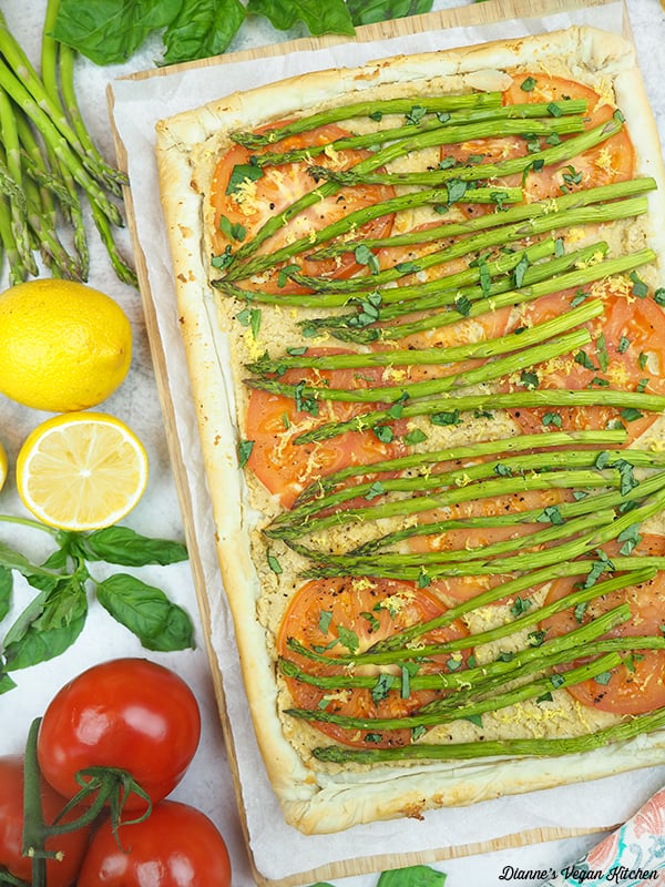 asparagus and tomato tart with lemon, tomatoes, asparagus, and basil,